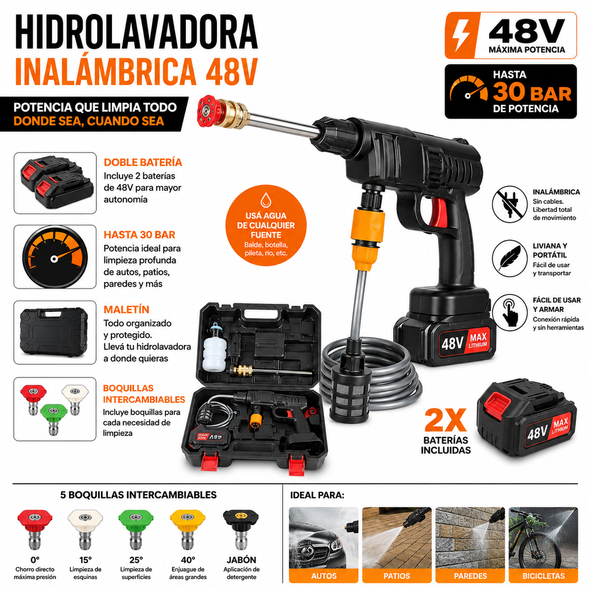 hidrolavadora inalámbrica 48v con 2 baterias /portatil y potente