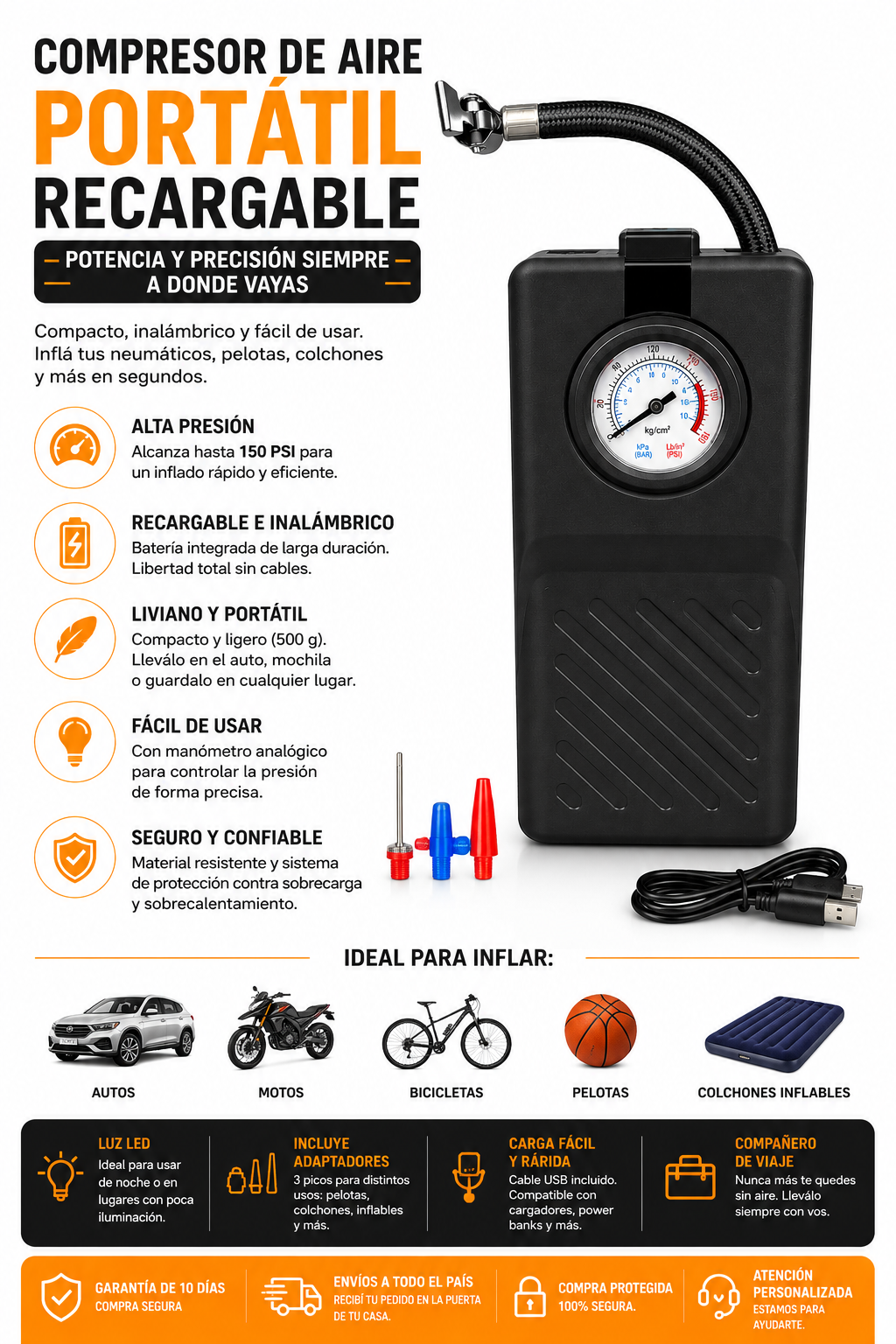 Compresor de Aire Portátil Inalámbrico 150 PSI