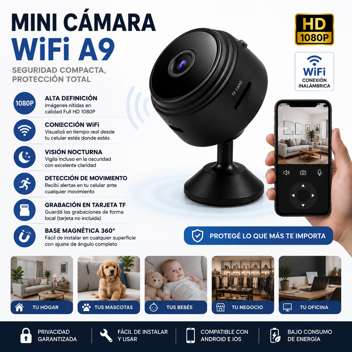 Mini Cámara WiFi A9 HD | Visión Nocturna + Monitoreo Remoto desde el Celular