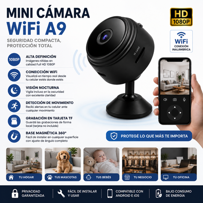 Mini Cámara WiFi A9 HD | Visión Nocturna + Monitoreo Remoto desde el Celular