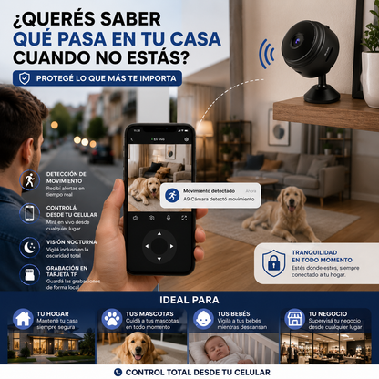 Mini Cámara WiFi A9 HD | Visión Nocturna + Monitoreo Remoto desde el Celular