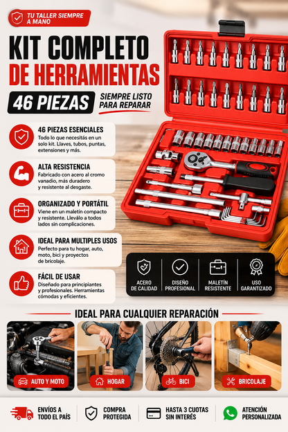 Kit Completo de Herramientas 46 Piezas | Siempre Listo para Reparar