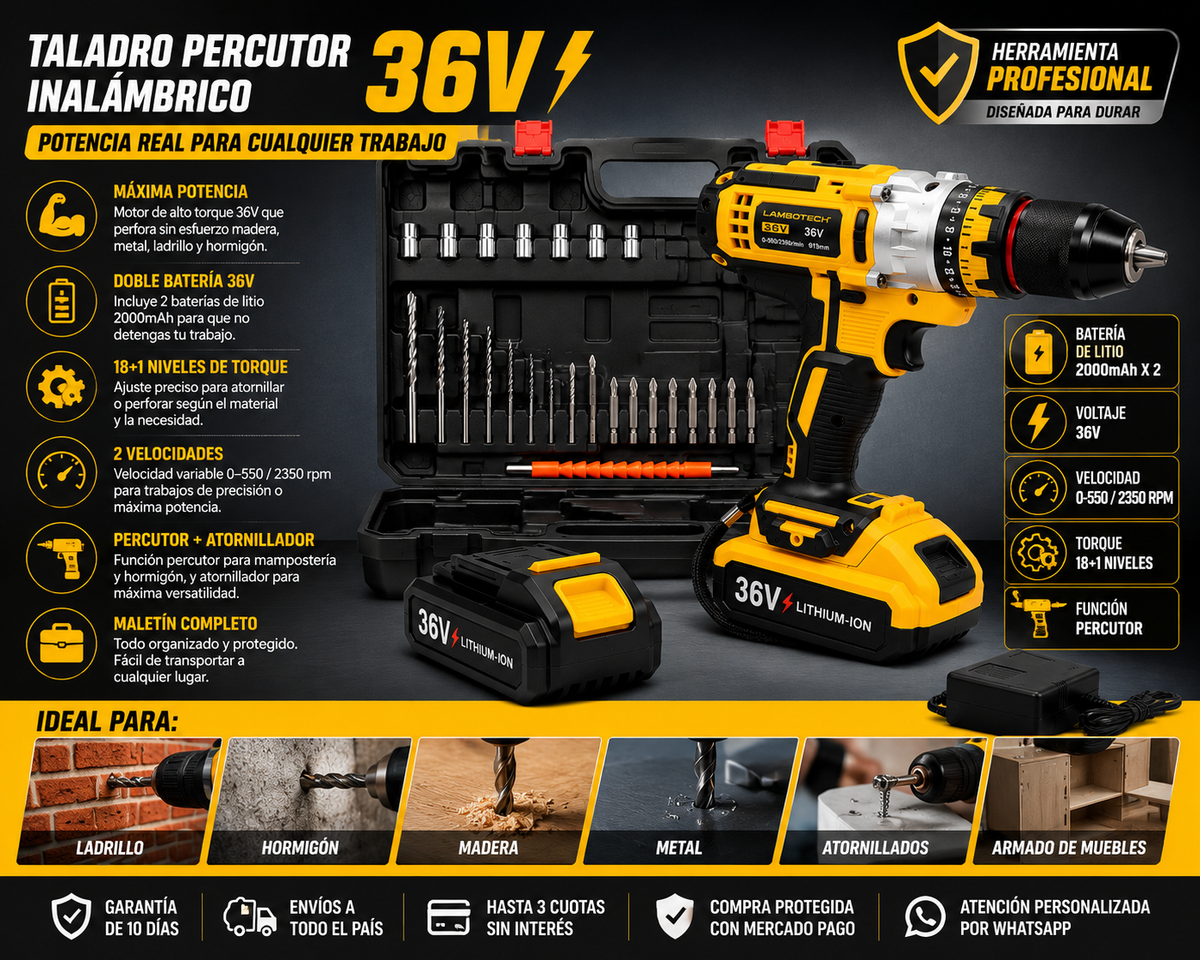 Taladro Percutor Inalámbrico 36V Profesional | 2 Baterías + Maletín