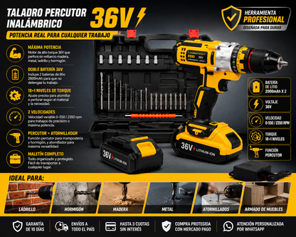 Taladro Percutor Inalámbrico 36V Profesional | 2 Baterías + Maletín