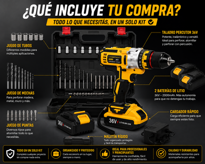Taladro Percutor Inalámbrico 36V Profesional | 2 Baterías + Maletín