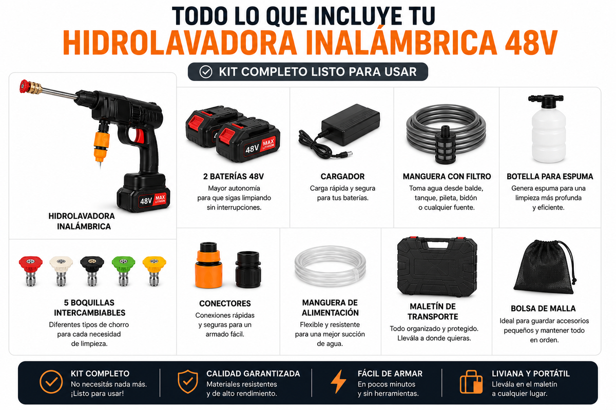 hidrolavadora inalámbrica 48v con 2 baterias /portatil y potente