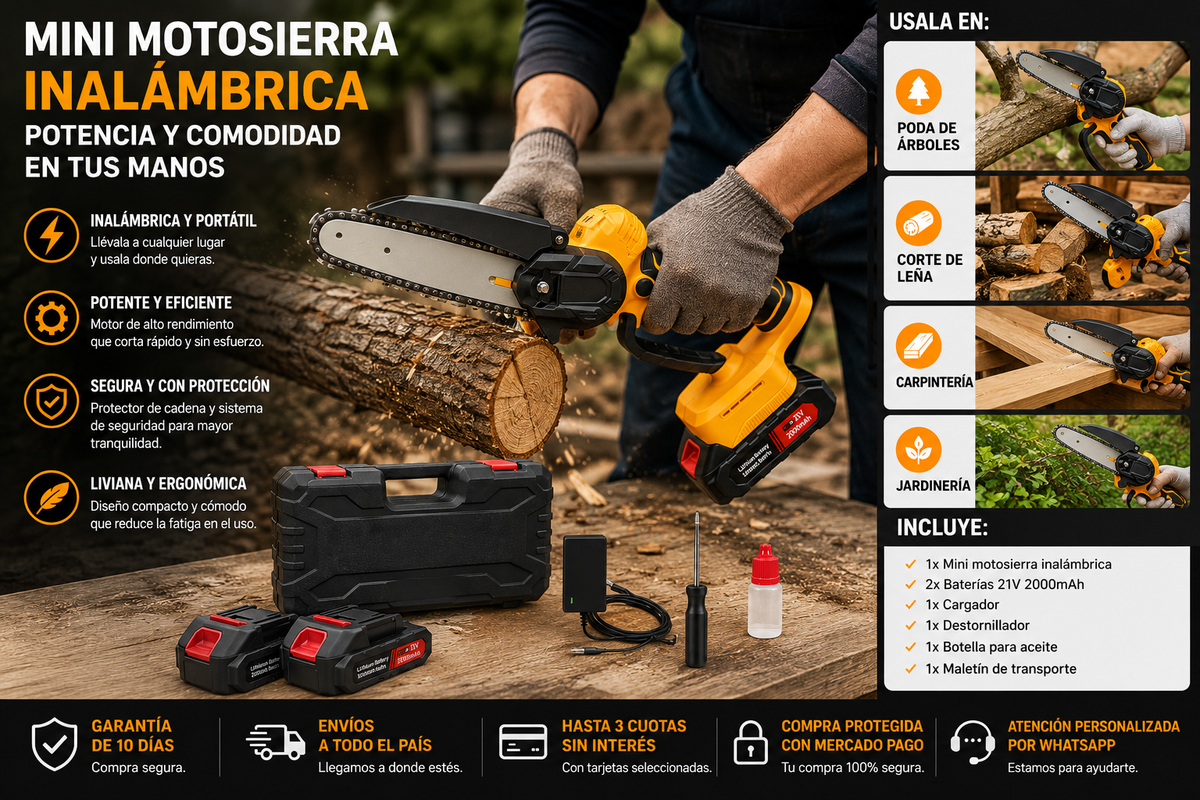 mini motosierra inalámbrica con 2 baterias /potente y libiana